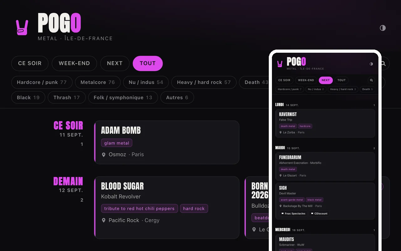 Aperçu de Pogo — l'agenda des concerts sur ordinateur et l'app sur téléphone